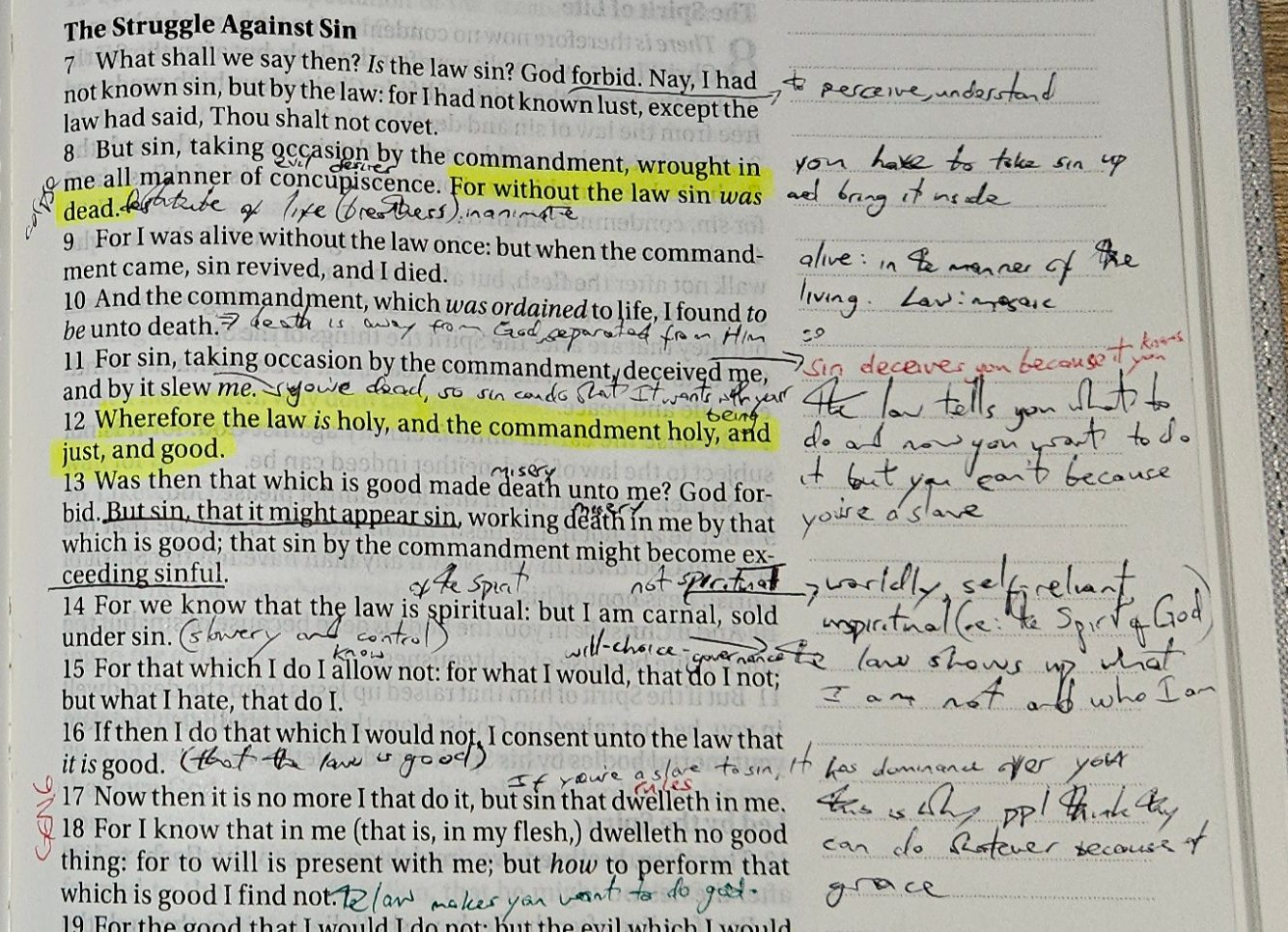 Snapshot of heavily annotated physical Bible, text seen is from Romans 7, verse 7 to 19.