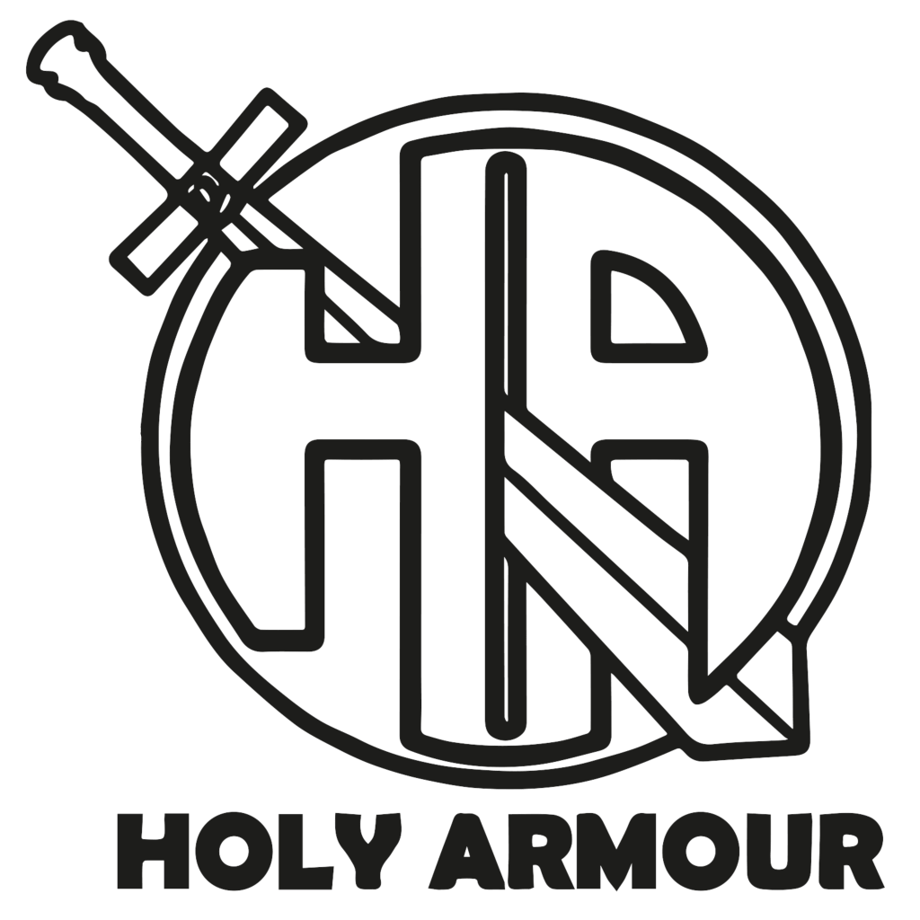 Holy Armour clothing brand logo featuring the letters H A in a circle, with a sword passing diagonally behind and through the letters.